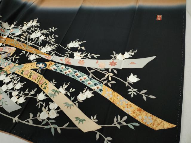 平和屋着物●訪問着　鬘帯枝橘吉祥花文　暈し染め　黒地　金彩　正絹　逸品　CABC6817yc