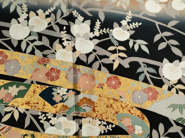 平和屋着物●訪問着　鬘帯枝橘吉祥花文　暈し染め　黒地　金彩　正絹　逸品　CABC6817yc