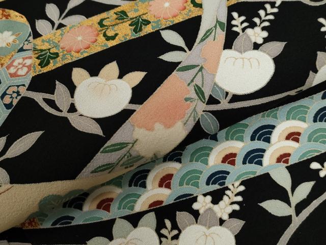 平和屋着物●訪問着　鬘帯枝橘吉祥花文　暈し染め　黒地　金彩　正絹　逸品　CABC6817yc