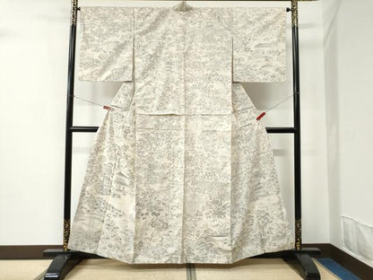 平和屋着物●訪問着　本場大島紬　白大島　9マルキ　渡り橋風景文　正絹　逸品　CABC6818yc