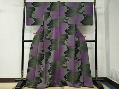 平和屋着物●上質な小紋　草花シルエット　黒地　ロング丈　正絹　逸品　CABC6823yc