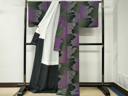 平和屋着物●上質な小紋　草花シルエット　黒地　ロング丈　正絹　逸品　CABC6823yc