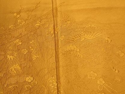平和屋着物●中国三大刺繍　スワトウ刺繍　総刺繍　振袖　色無地　几帳飛鶴雪輪花文　金茶色　正絹　逸品　CABC6829yc