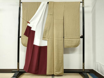 平和屋着物●豪華振袖　色無地　草花地紋　枯色　正絹　逸品　CABC6837yc