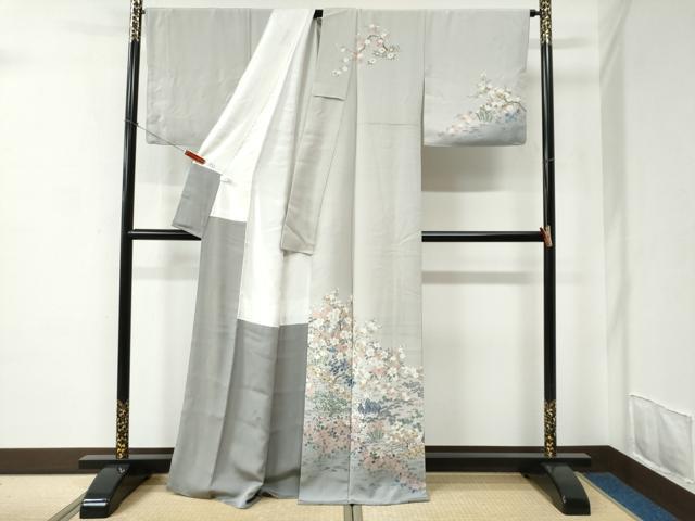平和屋着物●訪問着　友禅　松竹梅花文　暈し染め　正絹　逸品　CABC6851yc