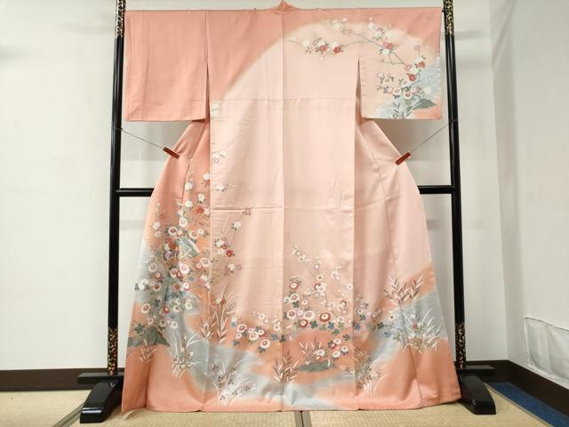 平和屋着物●訪問着　駒刺繍　扇面花文　暈し染め　金彩　ロング丈　正絹　逸品　CABC6852yc