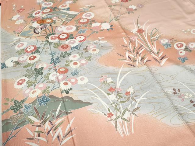 平和屋着物●訪問着　駒刺繍　扇面花文　暈し染め　金彩　ロング丈　正絹　逸品　CABC6852yc