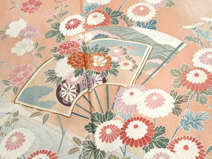 平和屋着物●訪問着　駒刺繍　扇面花文　暈し染め　金彩　ロング丈　正絹　逸品　CABC6852yc