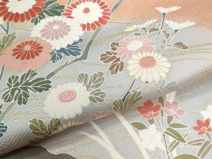 平和屋着物●訪問着　駒刺繍　扇面花文　暈し染め　金彩　ロング丈　正絹　逸品　CABC6852yc