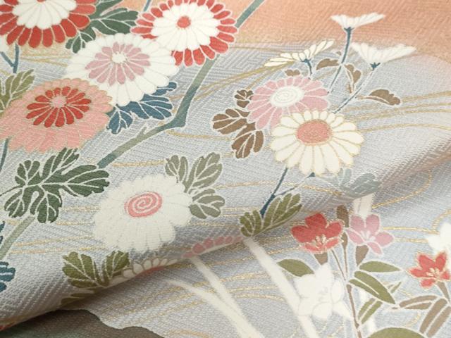 平和屋着物●訪問着　駒刺繍　扇面花文　暈し染め　金彩　ロング丈　正絹　逸品　CABC6852yc