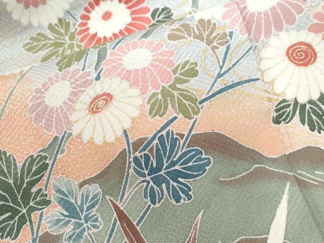 平和屋着物●訪問着　駒刺繍　扇面花文　暈し染め　金彩　ロング丈　正絹　逸品　CABC6852yc