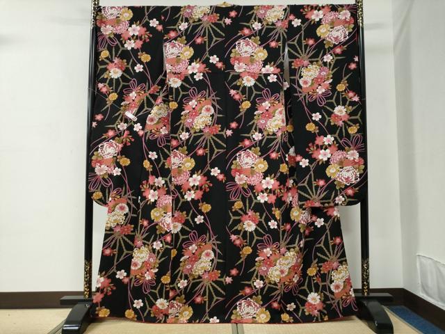 平和屋着物●豪華振袖　乱菊草花文　黒地　金彩　正絹　逸品　CABC6865yc