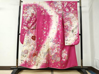 平和屋着物●豪華振袖　刺繍　ベロア　薔薇　花蝶文　暈し染め　銀通し地　正絹　逸品　CABC6877yc