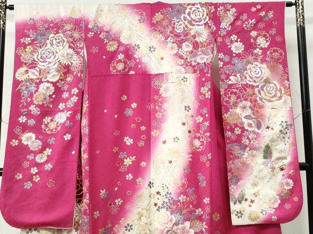 平和屋着物●豪華振袖　刺繍　ベロア　薔薇　花蝶文　暈し染め　銀通し地　正絹　逸品　CABC6877yc