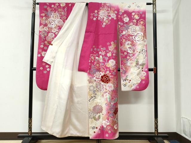 平和屋着物●豪華振袖　刺繍　ベロア　薔薇　花蝶文　暈し染め　銀通し地　正絹　逸品　CABC6877yc