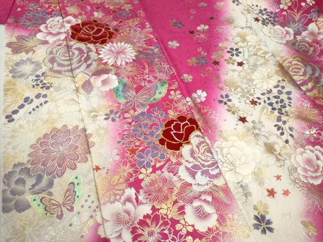 平和屋着物●豪華振袖　刺繍　ベロア　薔薇　花蝶文　暈し染め　銀通し地　正絹　逸品　CABC6877yc