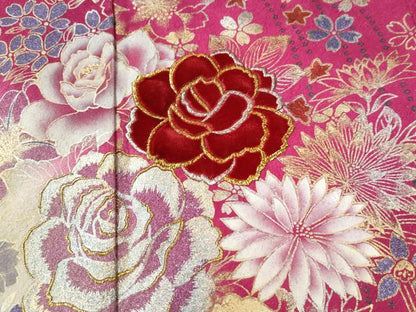 平和屋着物●豪華振袖　刺繍　ベロア　薔薇　花蝶文　暈し染め　銀通し地　正絹　逸品　CABC6877yc