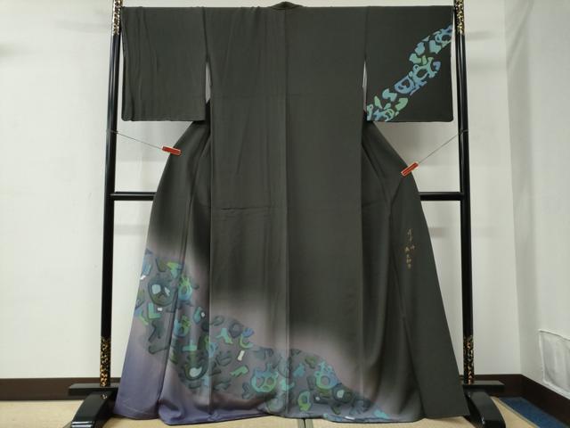 平和屋着物●訪問着　作家物　抽象文　暈し染め　黒地　正絹　逸品　未使用　CABC6878yc