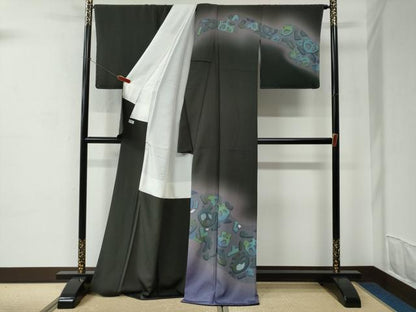 平和屋着物●訪問着　作家物　抽象文　暈し染め　黒地　正絹　逸品　未使用　CABC6878yc
