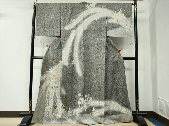 平和屋着物●訪問着　駒刺繍　草花文　たたき染め　黒地　金彩　正絹　逸品　CABC6884yc
