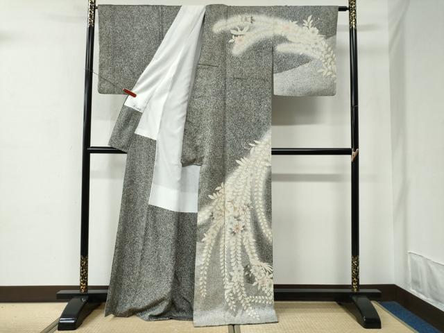 平和屋着物●訪問着　駒刺繍　草花文　たたき染め　黒地　金彩　正絹　逸品　CABC6884yc