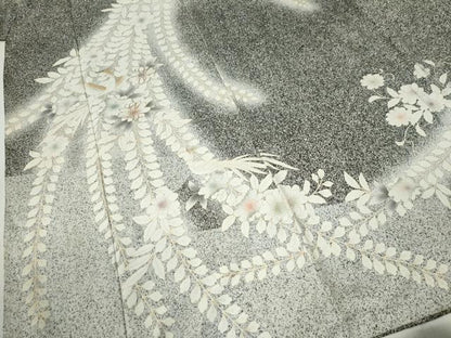 平和屋着物●訪問着　駒刺繍　草花文　たたき染め　黒地　金彩　正絹　逸品　CABC6884yc