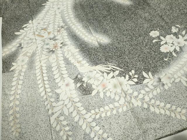 平和屋着物●訪問着　駒刺繍　草花文　たたき染め　黒地　金彩　正絹　逸品　CABC6884yc