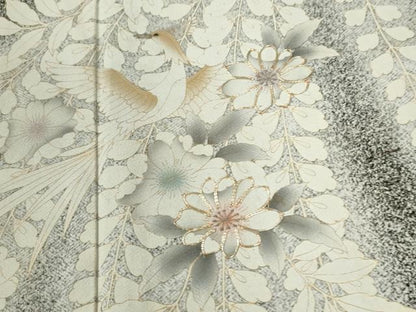 平和屋着物●訪問着　駒刺繍　草花文　たたき染め　黒地　金彩　正絹　逸品　CABC6884yc