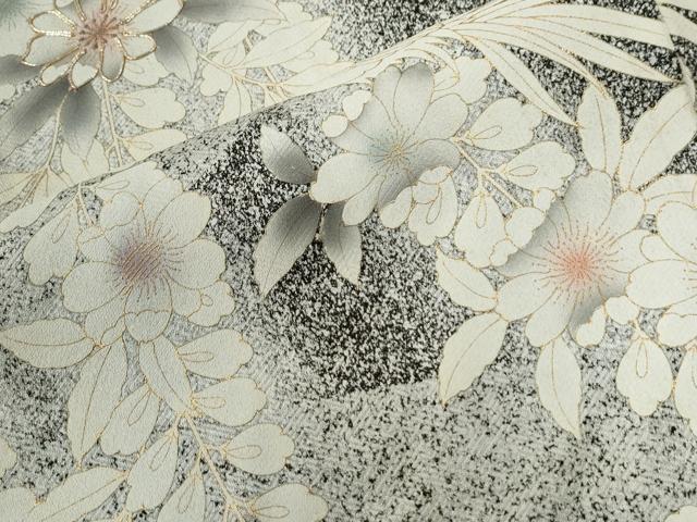 平和屋着物●訪問着　駒刺繍　草花文　たたき染め　黒地　金彩　正絹　逸品　CABC6884yc