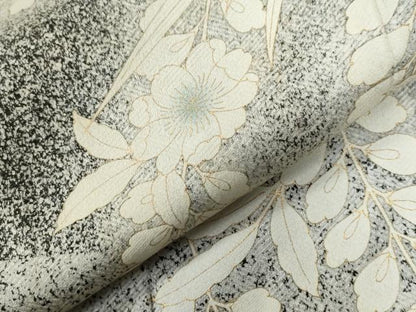 平和屋着物●訪問着　駒刺繍　草花文　たたき染め　黒地　金彩　正絹　逸品　CABC6884yc