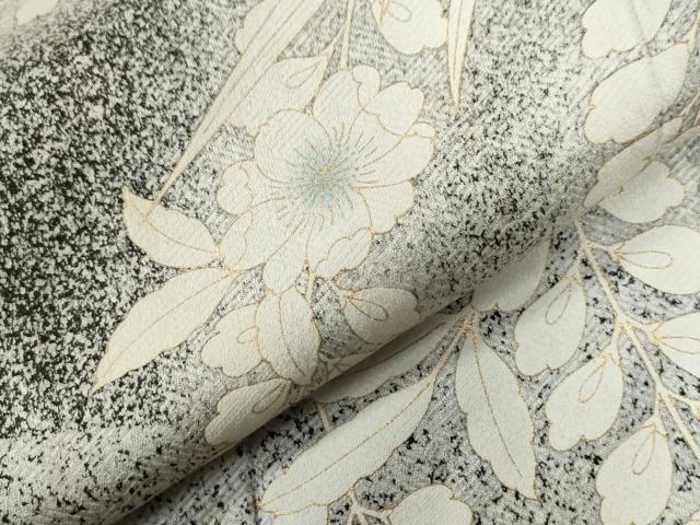 平和屋着物●訪問着　駒刺繍　草花文　たたき染め　黒地　金彩　正絹　逸品　CABC6884yc