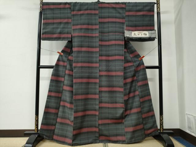 平和屋着物●花ゆき紬　格子柄　証紙付き　正絹　逸品　未使用　CABC6886yc