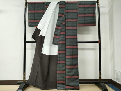 平和屋着物●花ゆき紬　格子柄　証紙付き　正絹　逸品　未使用　CABC6886yc