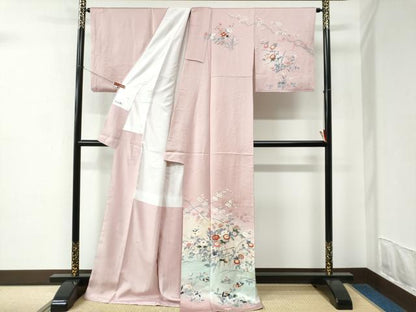 平和屋着物●訪問着　友禅　鴛鴦草花文　暈し染め　ロング丈　正絹　逸品　CABC6890yc