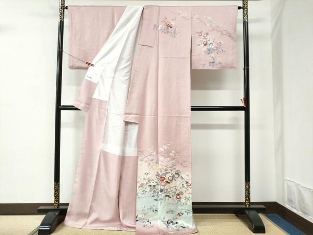 平和屋着物●訪問着　友禅　鴛鴦草花文　暈し染め　ロング丈　正絹　逸品　CABC6890yc