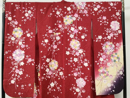 平和屋着物●豪華振袖　牡丹草花文　ラメ糸　暈し染め　銀通し地　京都きもの友禅扱い　正絹　逸品　CABC6894yc