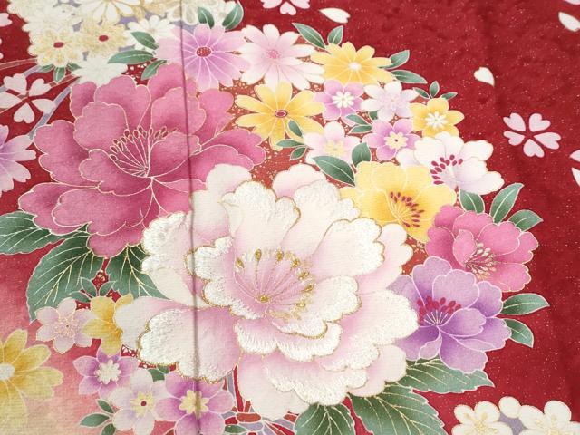 平和屋着物●豪華振袖　牡丹草花文　ラメ糸　暈し染め　銀通し地　京都きもの友禅扱い　正絹　逸品　CABC6894yc