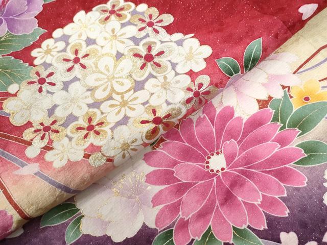 平和屋着物●豪華振袖　牡丹草花文　ラメ糸　暈し染め　銀通し地　京都きもの友禅扱い　正絹　逸品　CABC6894yc