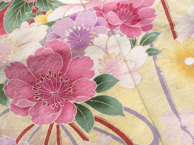 平和屋着物●豪華振袖　牡丹草花文　ラメ糸　暈し染め　銀通し地　京都きもの友禅扱い　正絹　逸品　CABC6894yc
