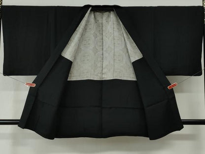 平和屋着物●男性　黒紋付　羽織・長襦袢セット　羽裏：吉祥丸文　正絹　逸品　CABC6900yc