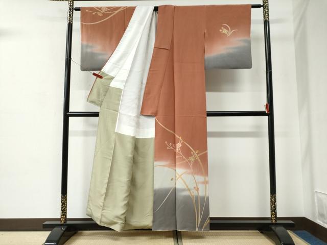 平和屋着物●訪問着　作家物　刺繍　枝花文　暈し染め　金彩　正絹　逸品　CABC6904yc