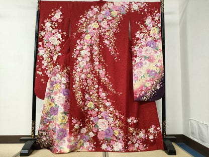 平和屋着物●豪華振袖　牡丹花文　ラインストーン　暈し染め　金通し地　正絹　逸品　CABC6905yc