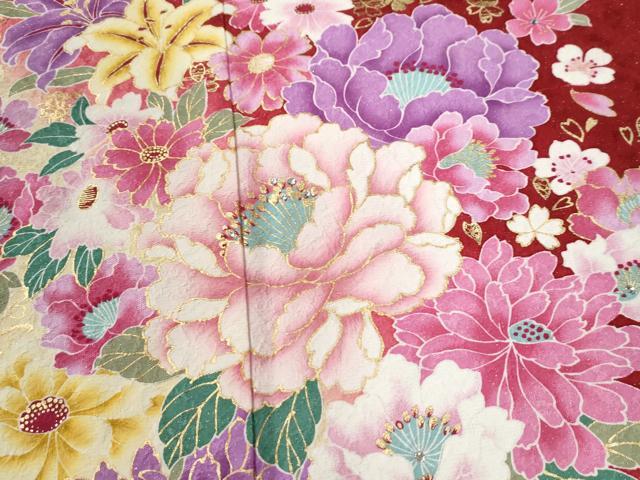 平和屋着物●豪華振袖　牡丹花文　ラインストーン　暈し染め　金通し地　正絹　逸品　CABC6905yc
