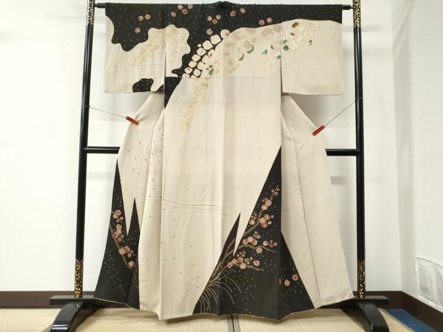 平和屋着物●訪問着　枝梅文　黒地　金彩　鬼しぼ縮緬　正絹　逸品　CABC6910yc