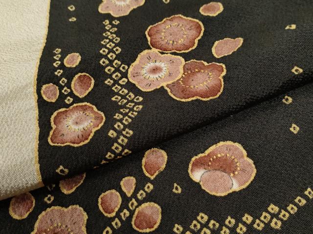 平和屋着物●訪問着　枝梅文　黒地　金彩　鬼しぼ縮緬　正絹　逸品　CABC6910yc