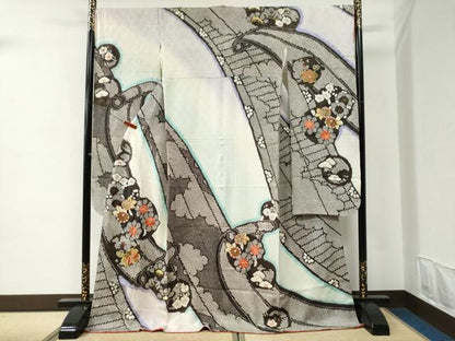 平和屋着物●豪華振袖　総絞り　駒刺繍　草花絵巻文　暈し染め　金彩　正絹　逸品　CABC6911yc