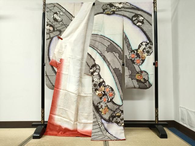 平和屋着物●豪華振袖　総絞り　駒刺繍　草花絵巻文　暈し染め　金彩　正絹　逸品　CABC6911yc