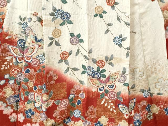 平和屋着物●豪華振袖　絞り　花蝶文　暈し染め　金彩　正絹　逸品　CABC6912yc