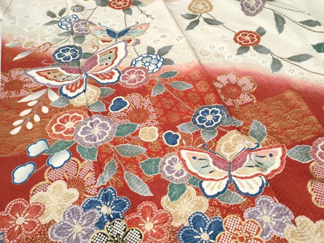 平和屋着物●豪華振袖　絞り　花蝶文　暈し染め　金彩　正絹　逸品　CABC6912yc