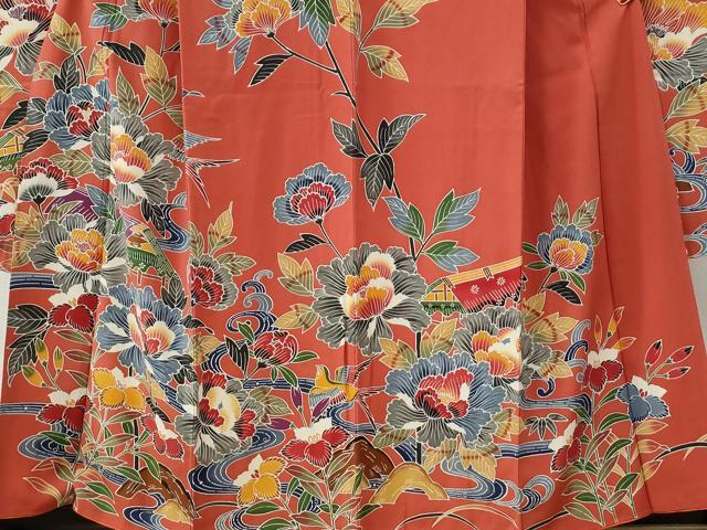 平和屋着物●豪華振袖　型染め　御所解花鳥文　正絹　逸品　CABC6913yc
